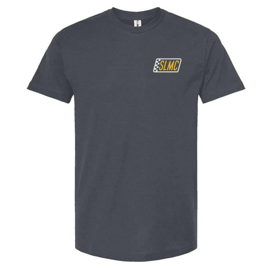 Indigo t-shirt with a small logo on the chest against a white background