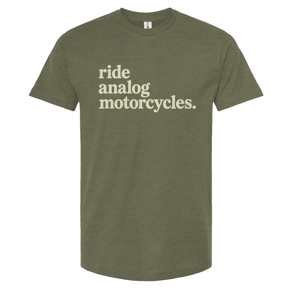Green t-shirt with 'ride analog motorcycles' text on a white background