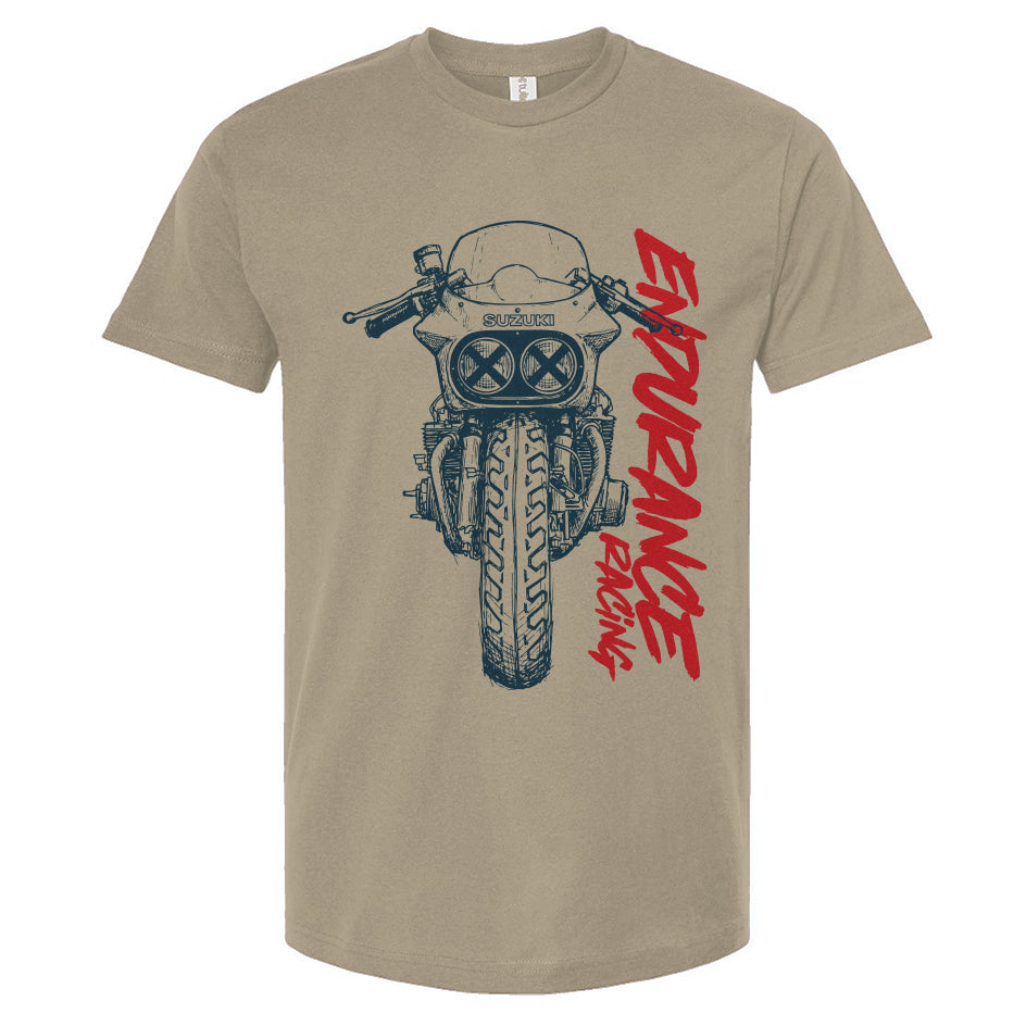 Beige t-shirt with motorcycle graphic and red text on a white background