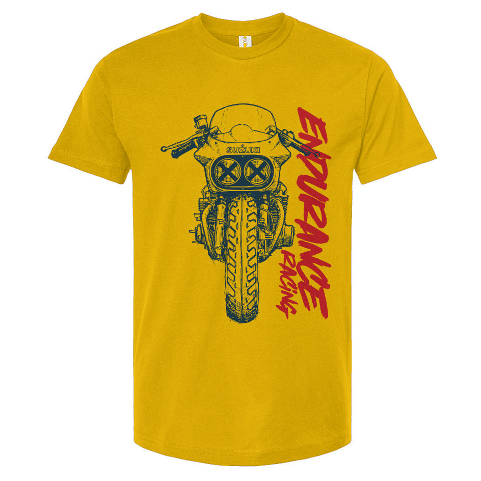 Gold t-shirt with Suzuki endurance motorcycle graphic and text on a white background