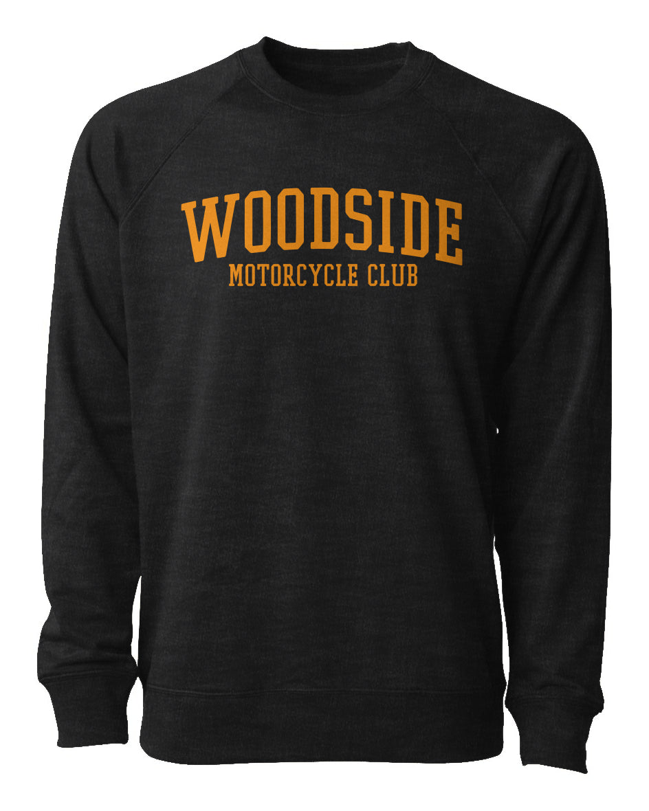 Woodside Motorcycle Club Crewneck Sweatshirt with orange text on chest