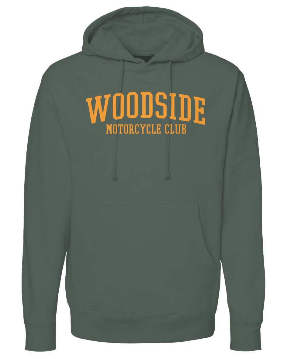 Woodside Motorcycle Club Hoodie with orange text on chest