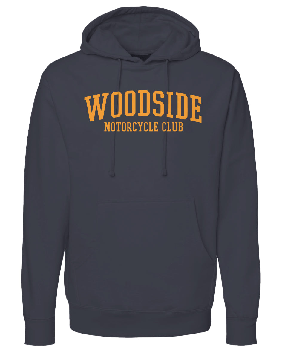 Woodside Motorcycle Club Hoodie with orange text on chest
