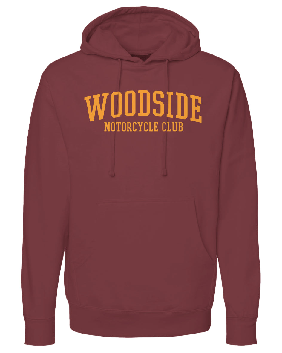 Woodside Motorcycle Club Hoodie with orange text on chest