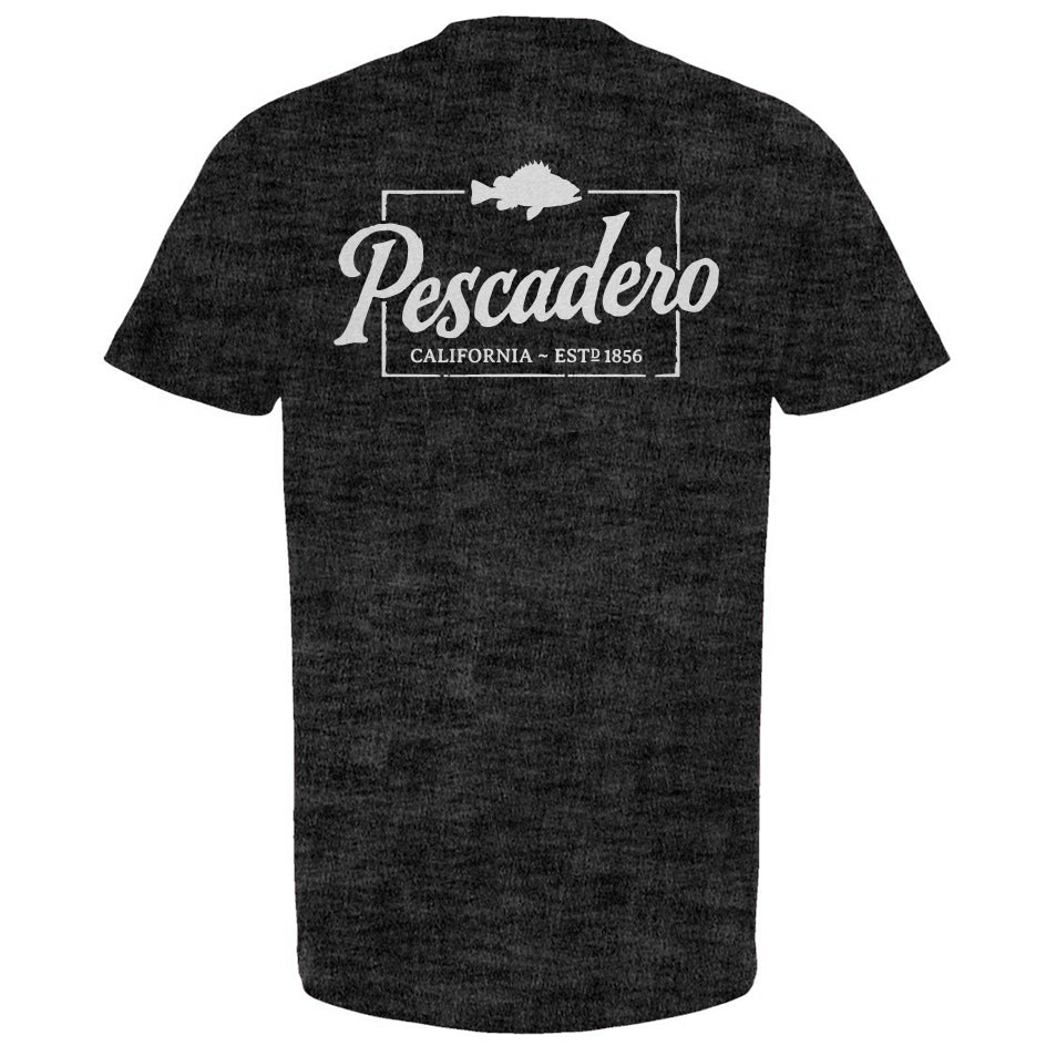 Charcoal gray t-shirt with 'Pescadero California' text and logo on a white background