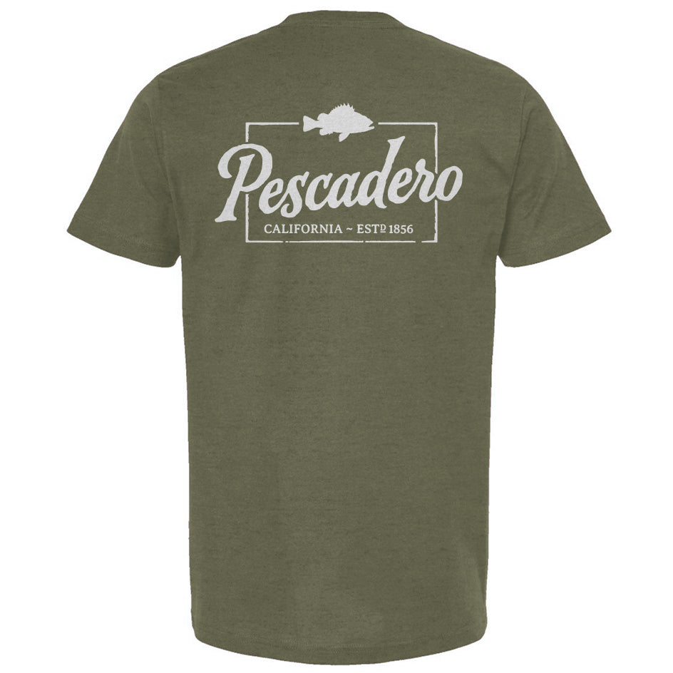 Green t-shirt with 'Pescadero California' text and logo on a white background