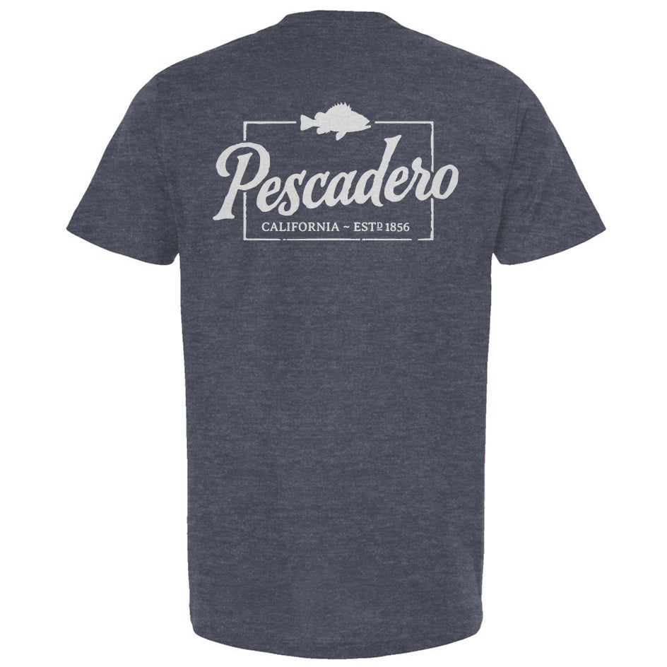 Denim blue t-shirt with 'Pescadero California' text and logo on a white background