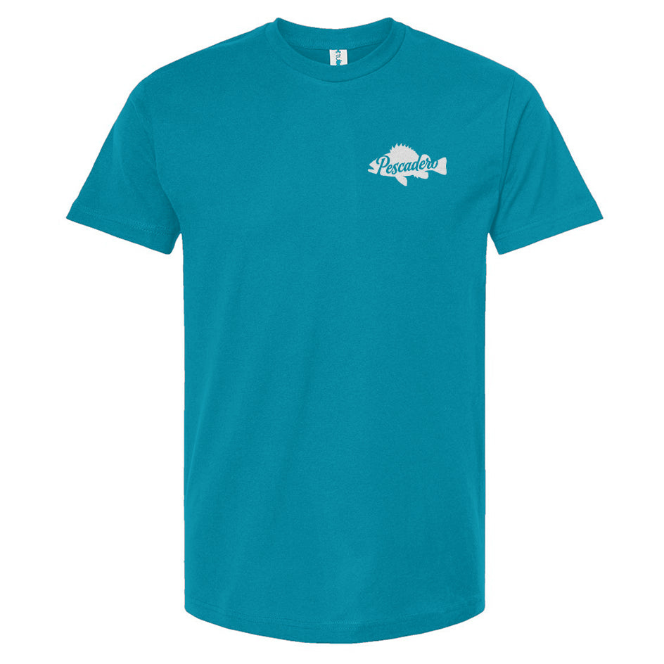 Teal t-shirt with a Pescadero fish logo on a white background