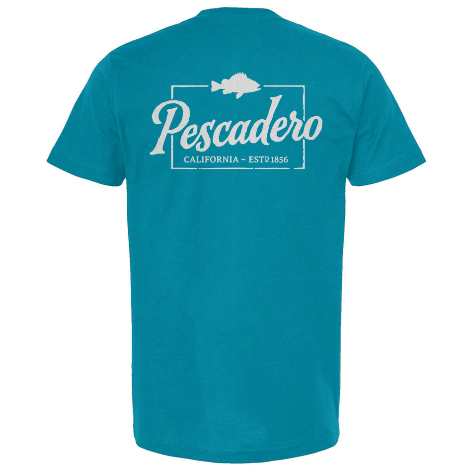 Teal t-shirt with 'Pescadero California' text and fish graphic on a white background