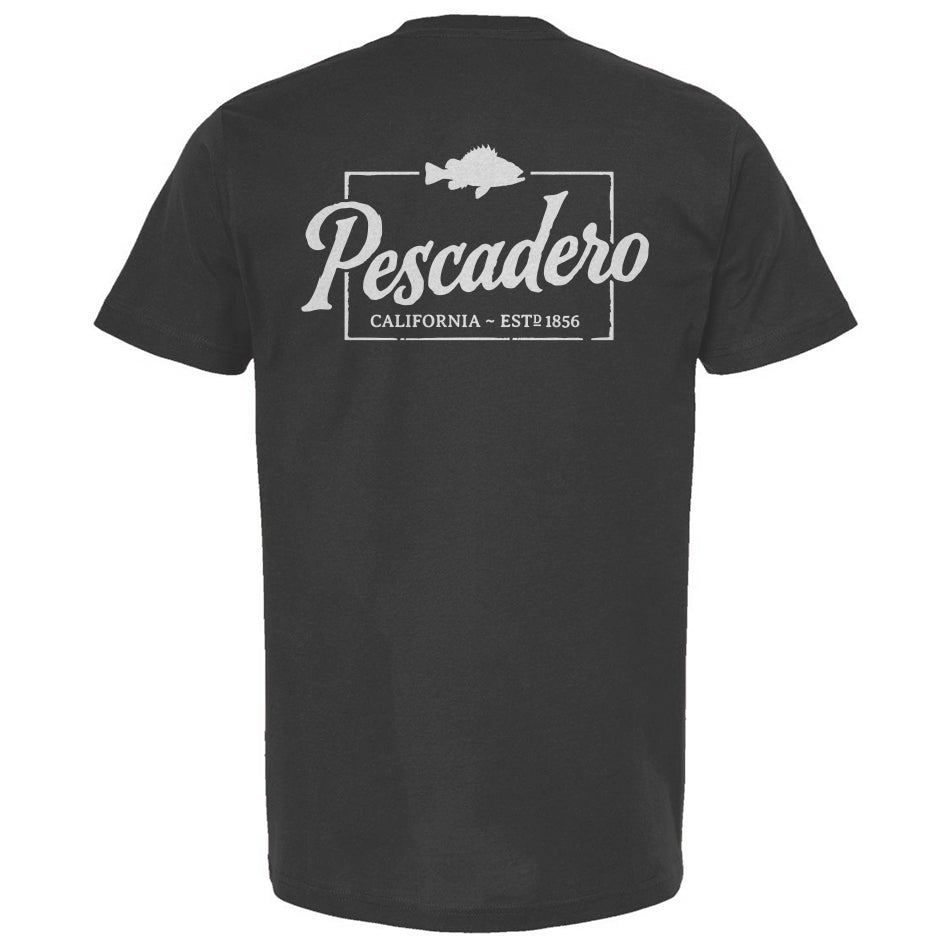 Charcoal gray t-shirt with 'Pescadero California' text and logo on a white background