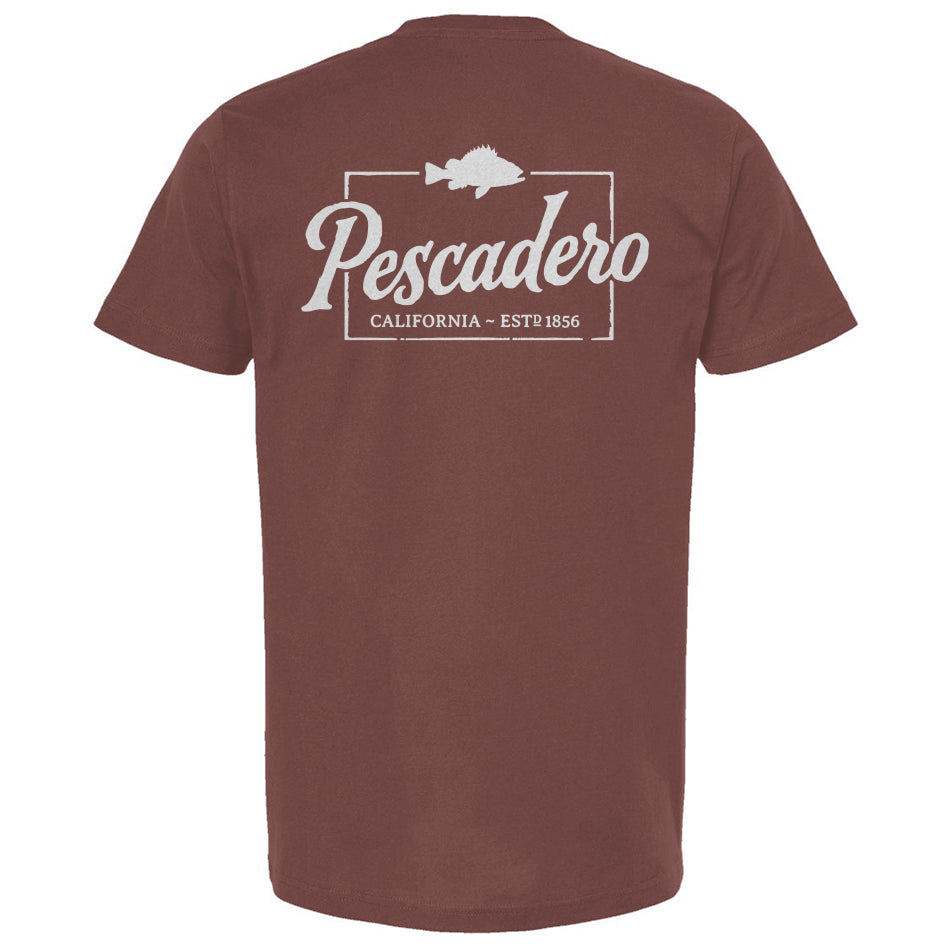 Cassis t-shirt with 'Pescadero California' text and logo on a white background