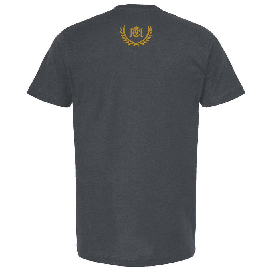 A dark gray crewneck t-shirt shown from the back, featuring a small gold circular crest logo with trademarked Crown Moto logo in the center