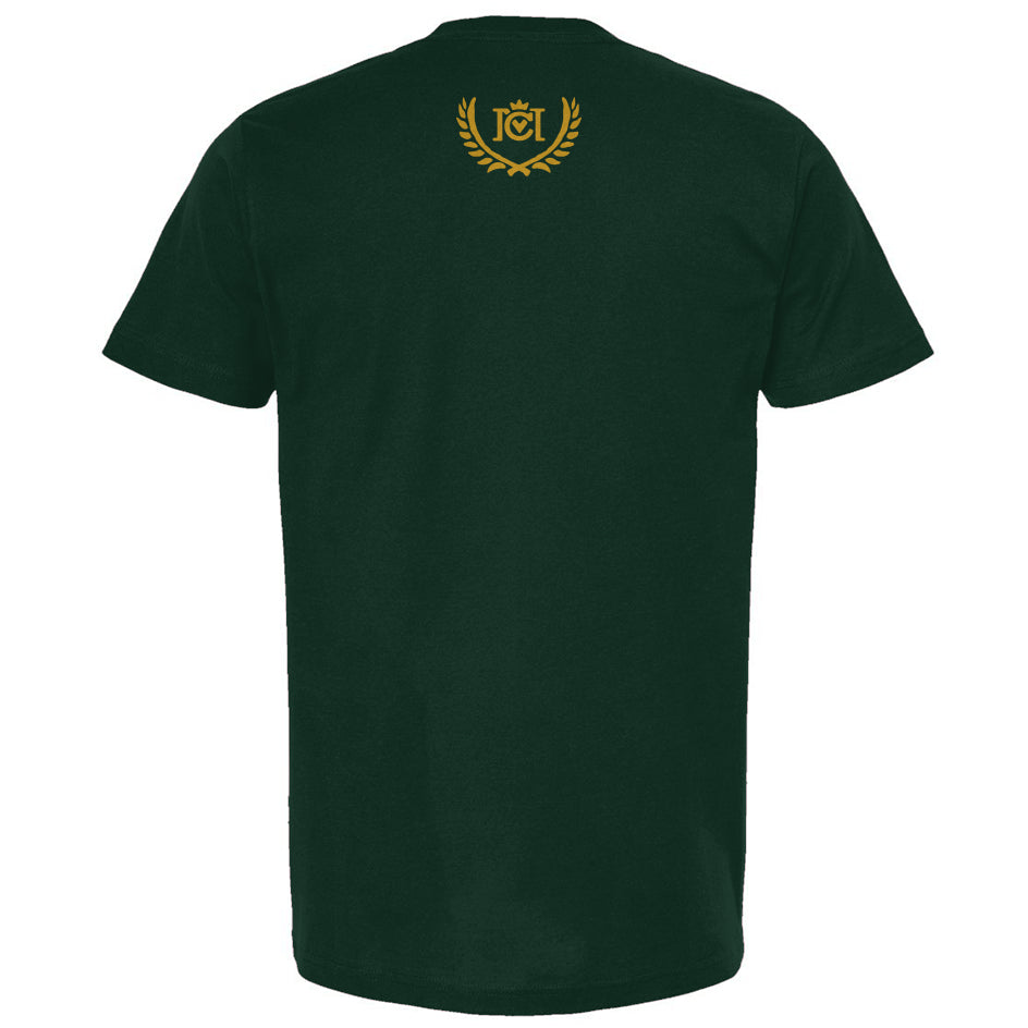 Forest green short-sleeve t-shirt shown from the back, featuring a small gold Crown Moto logo centered on the upper back.