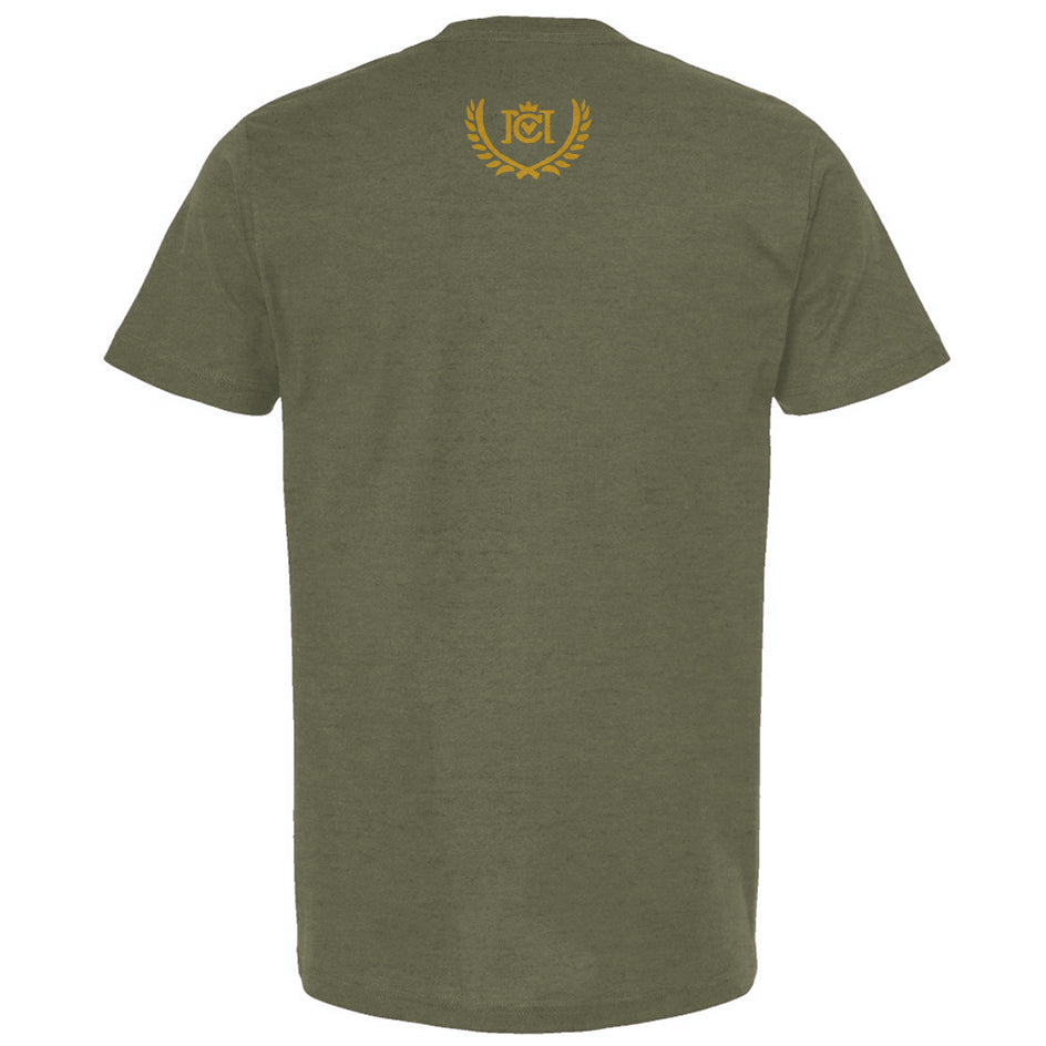 Trademarked Crown Moto logo with winner's circle olive branch design on top of back on military green t-shirt