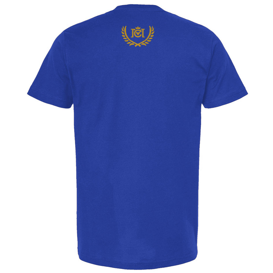 Trademarked Crown Moto logo with winners circle olive branch in goldenrod on blue shirt