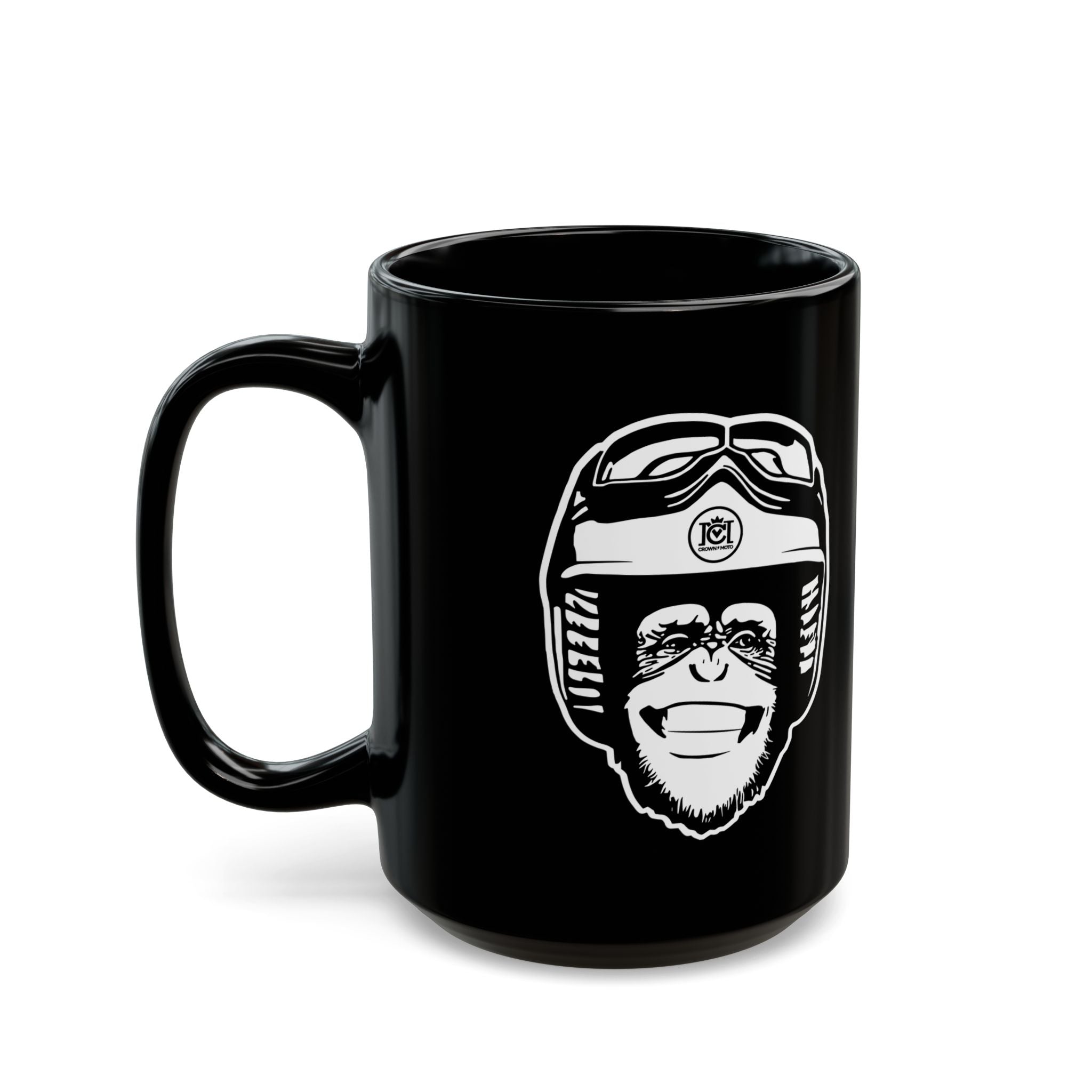 moto monkey design from crown moto in white ink on black 15 oz ceramic mug, motorcycle lifestyle, motorbikes, gifts for riders, gifts for him, gifts for her, gifts for motorcyclists