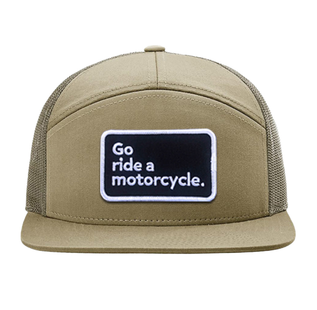 Front view of "Go ride a motorcycle" 7-panel patch hat by Crown Moto, embroidery, go ride a motorcycle, go ride, riders, ride, motorbike, motorcycles, motorcycle lifestyle, structured, snapback, adjustable, mesh, trucker hat
