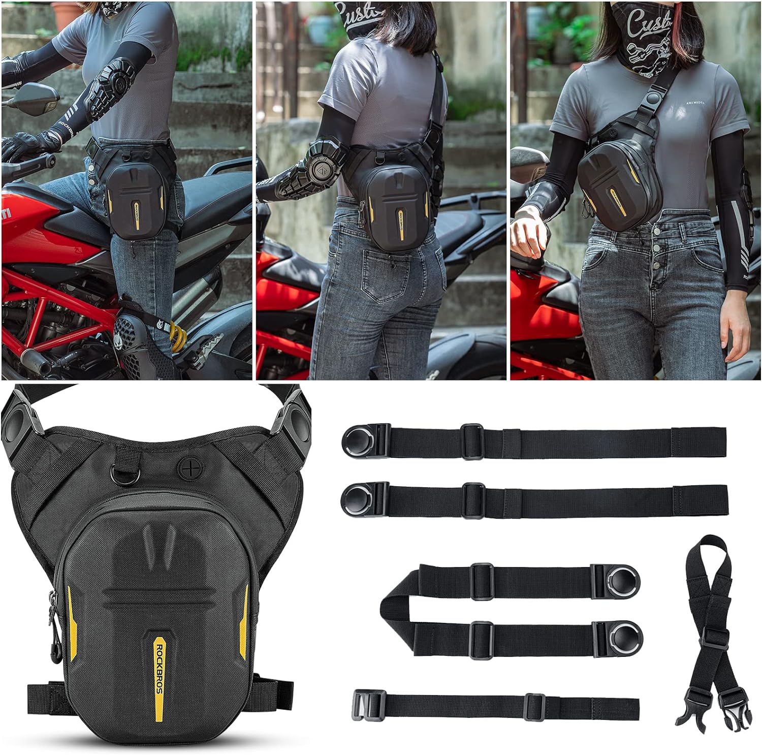 Black waist bag with adjustable straps shown on a person and close-up of bag and straps.