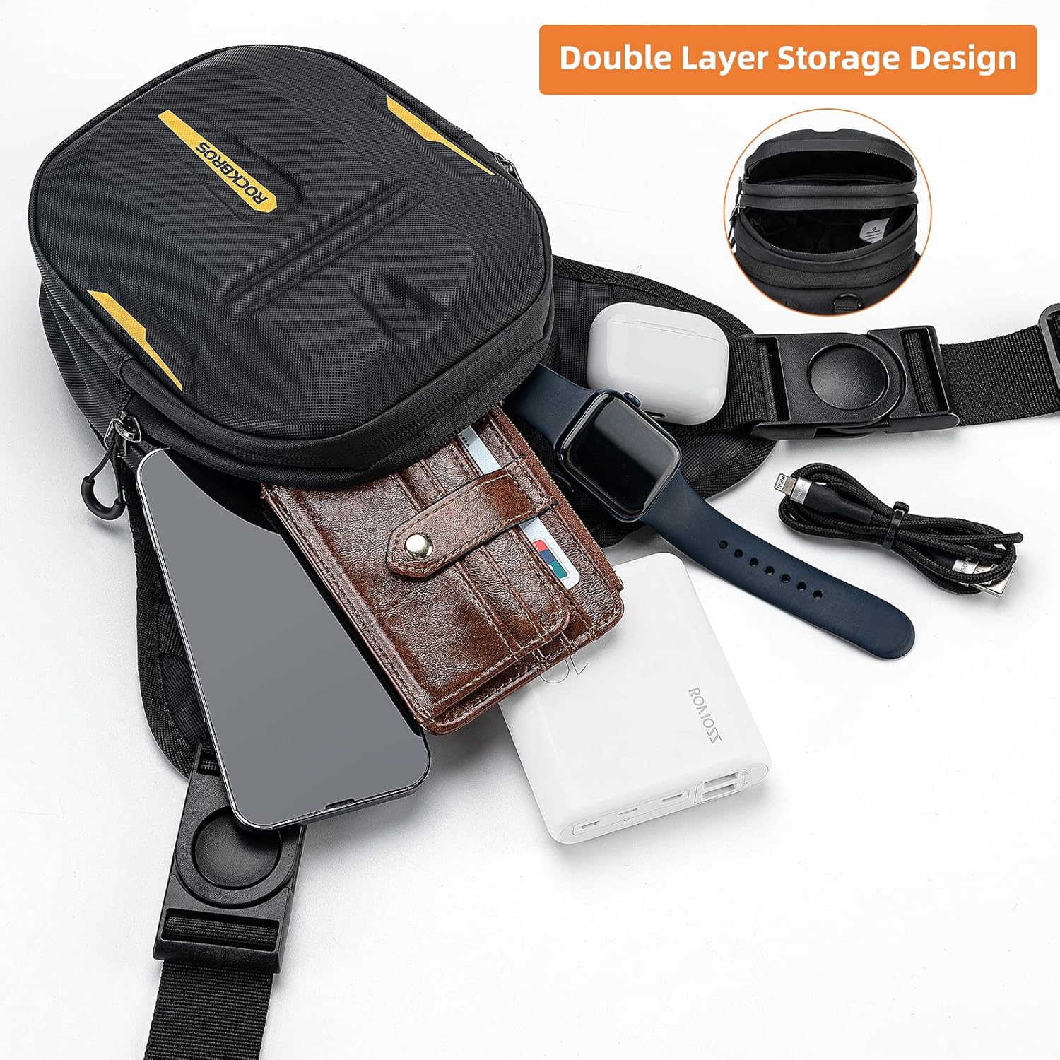 Black waist bag with double layer storage design, containing phone, wallet, watch, and power bank on a white background.