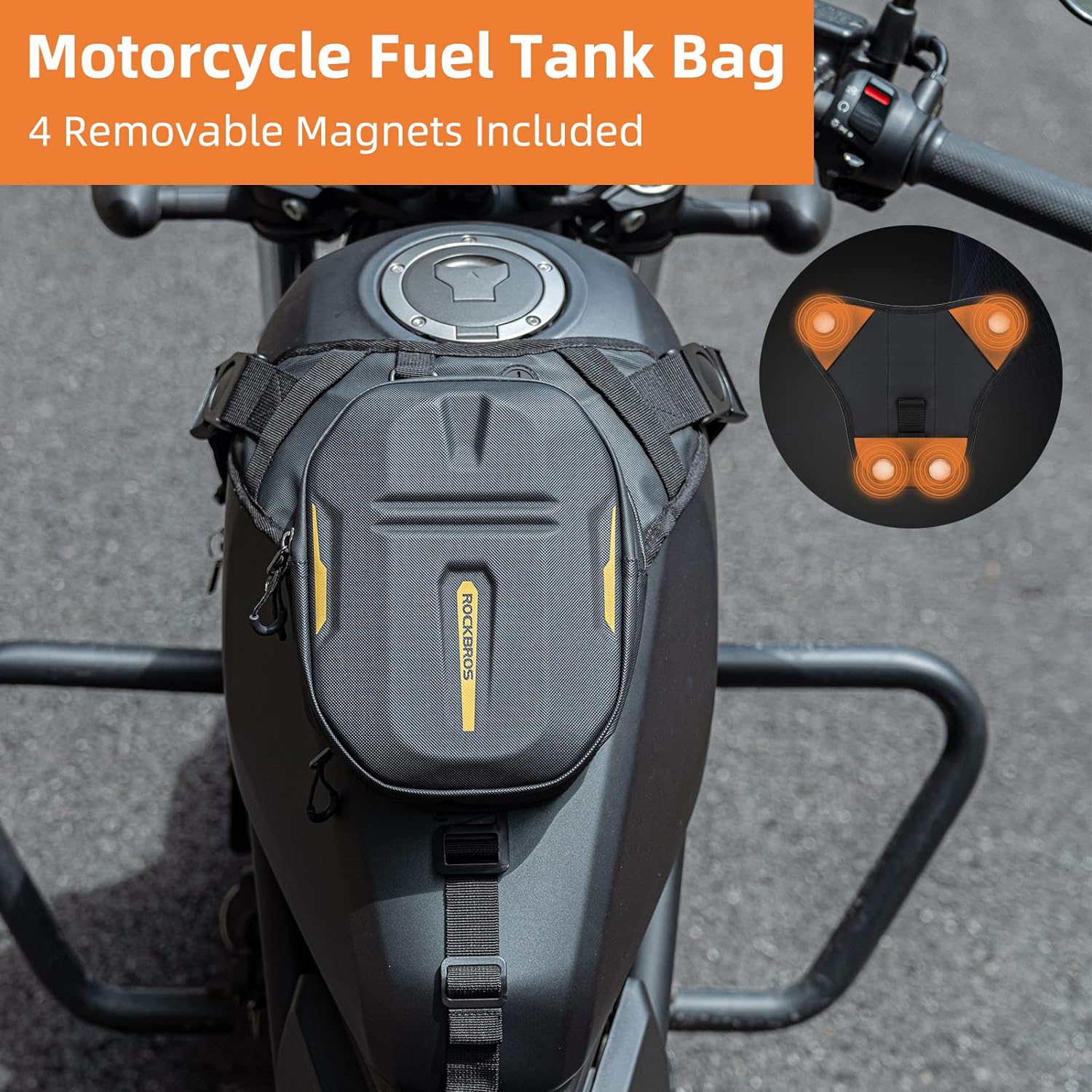 Motorcycle fuel tank bag with magnets attached to a motorcycle, on a gray background.