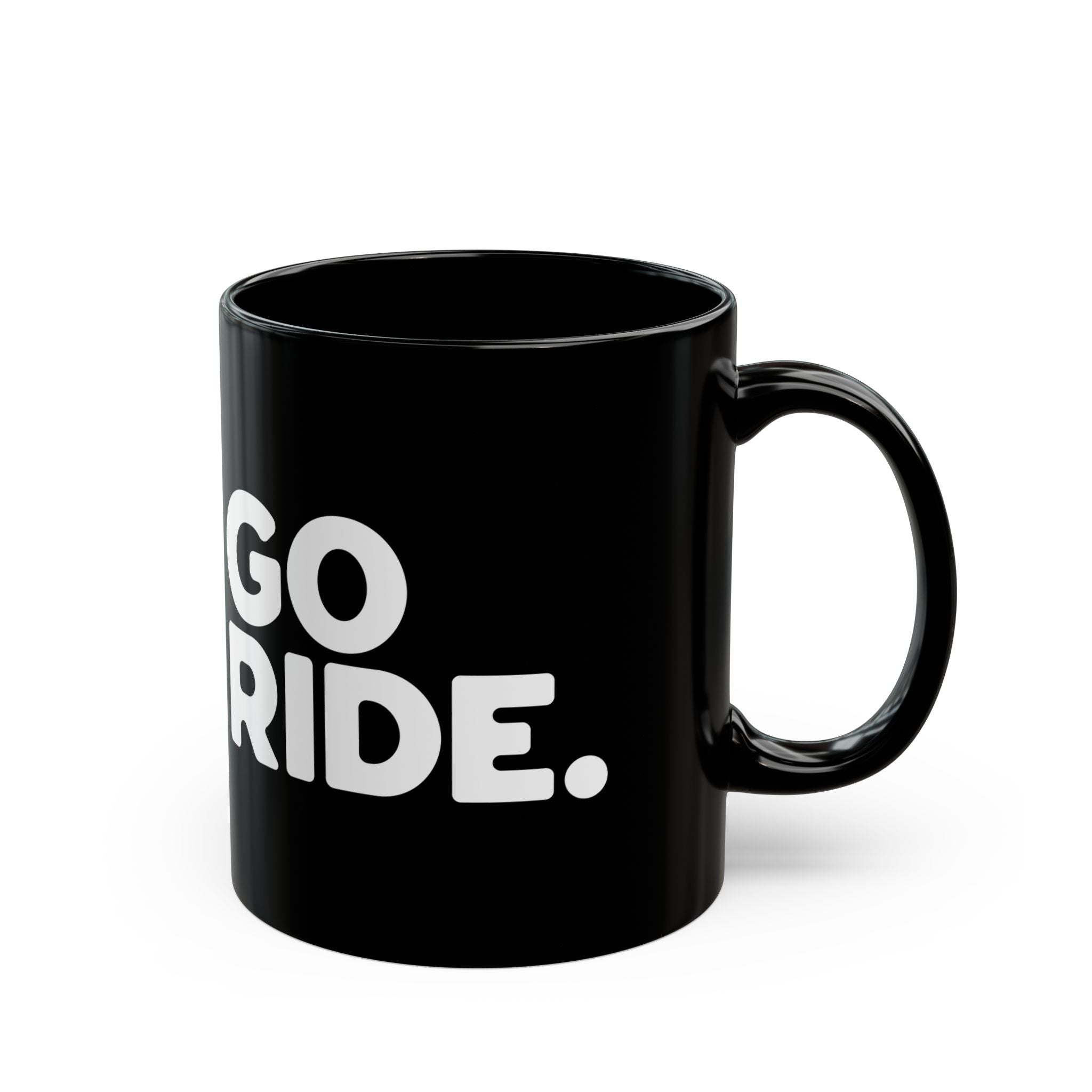 go ride black ceramic coffee mug for motorcycle riders and adventurers, mountain bikers
