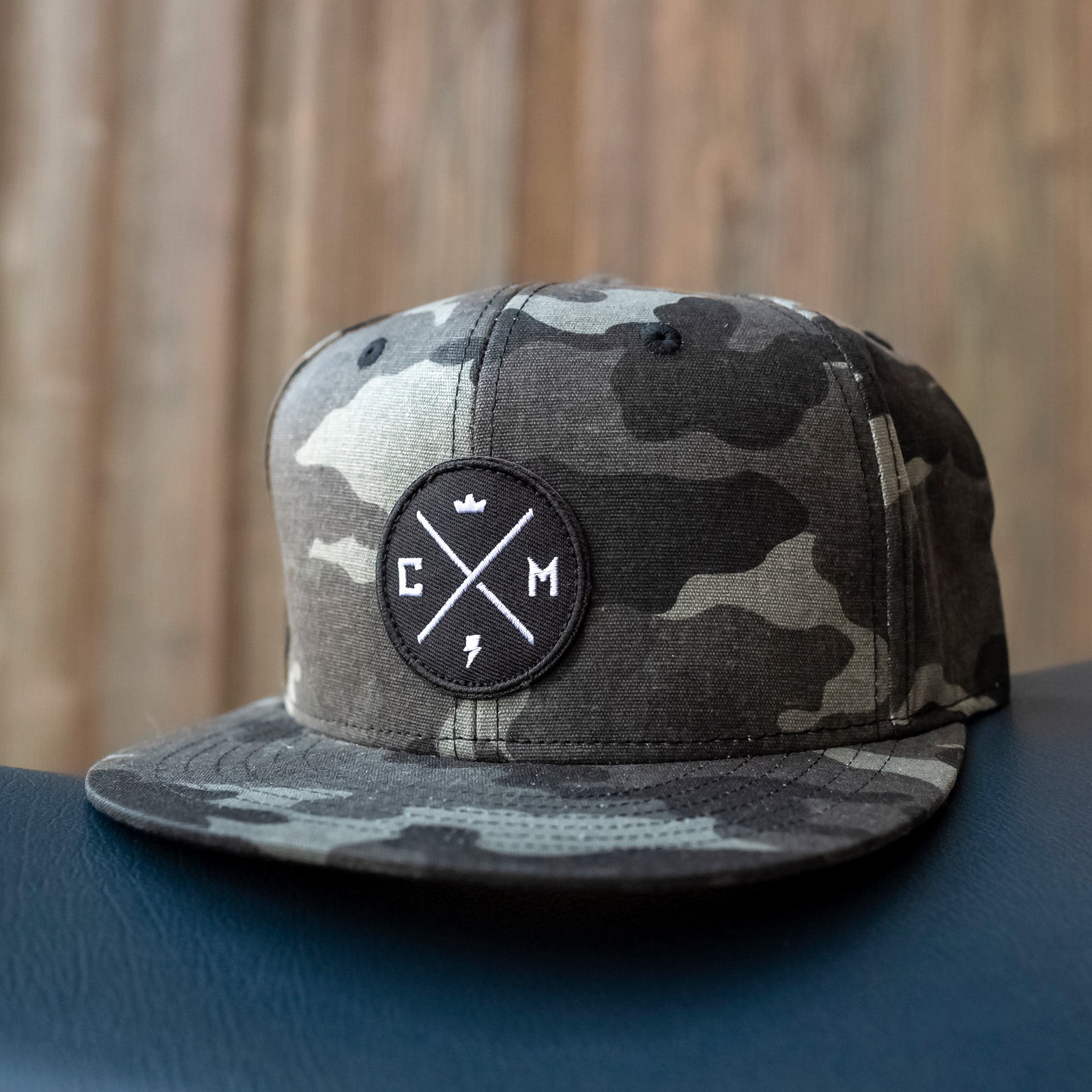 crown moto legend patch on front of grey camouflage yupoong snapback hat, motorcycle lifestyle brand, flat brim, premium quality hat, hats for motorcyclists