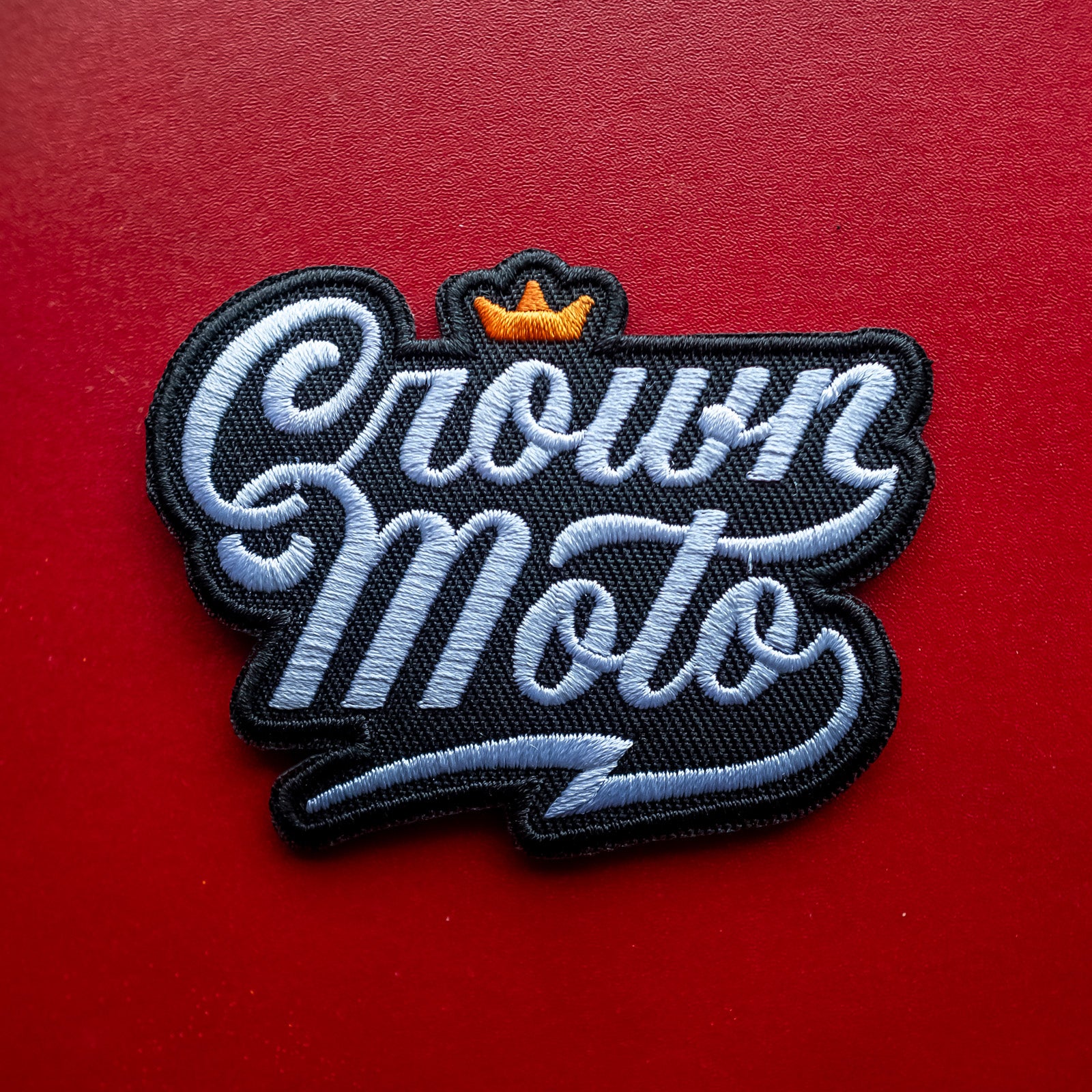 crown moto script logo embroidered iron-on patch, logo, brand, original, hand drawn, trademarked