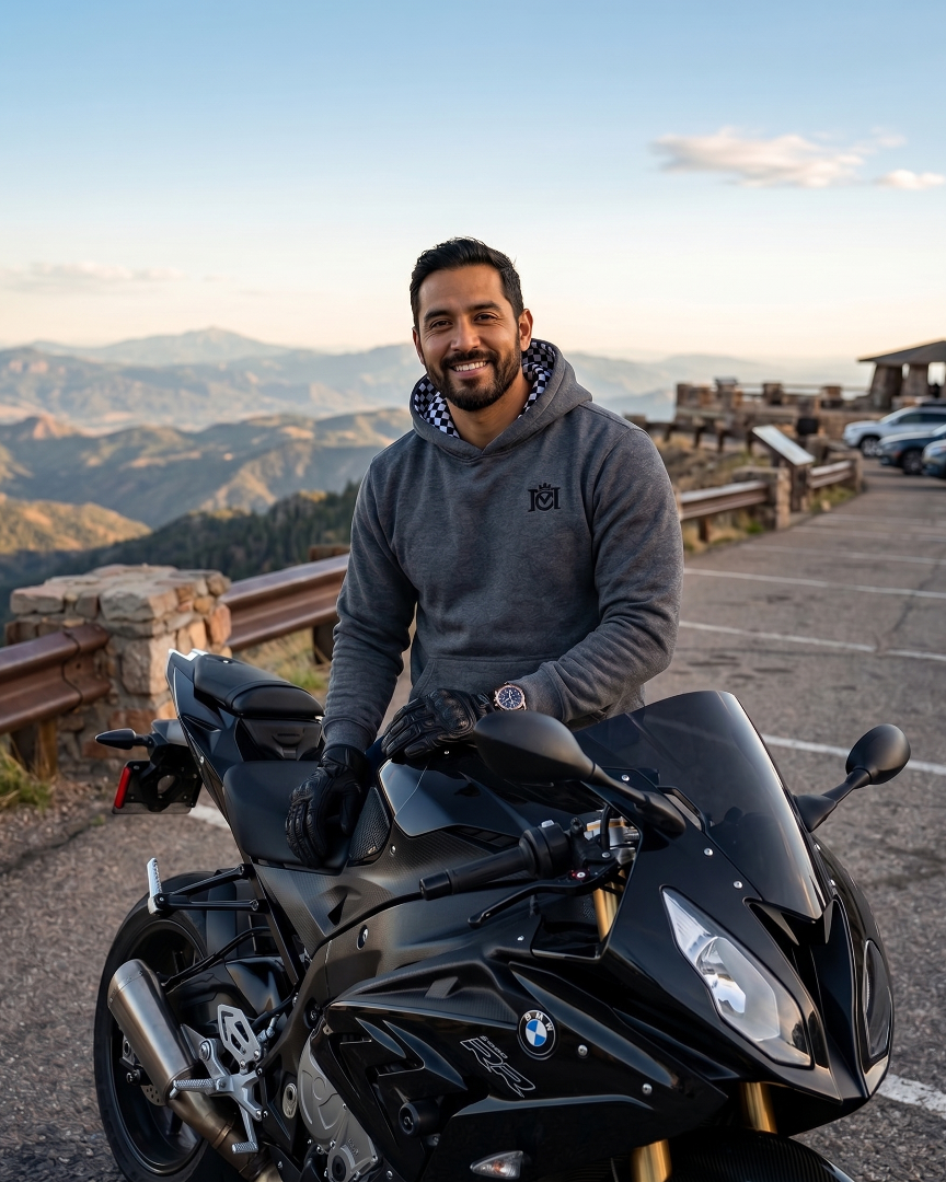 Rider wearing Crown Moto Armored Hoodie sitting on a motorcycle