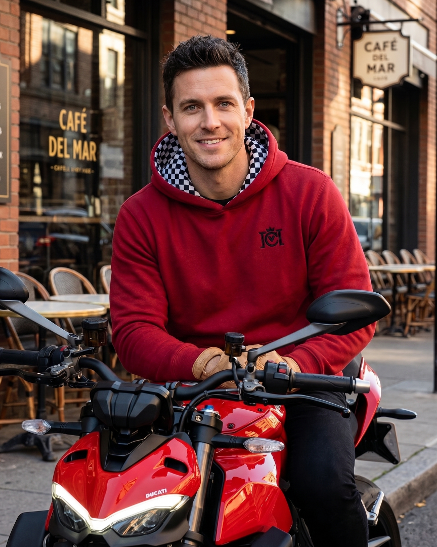 Rider wearing Crown Moto Armored Hoodie sitting on a motorcycle