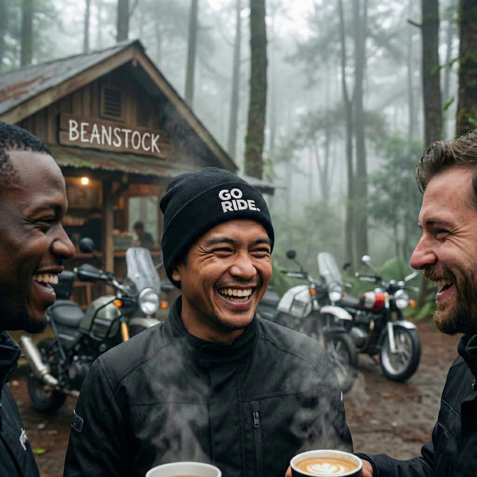 Three men laughing together in front of a coffee shop named 'Beanstock' with motorcycles in the background.