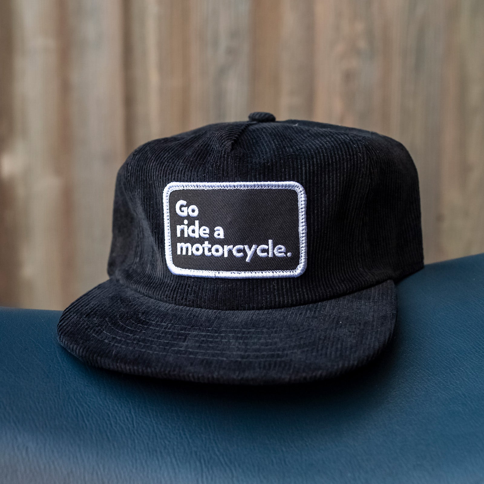 limited edition go ride a motorcycle corduroy hat, go ride a motorcycle, motorcycles, motorbikes, corduroy, buckle, bronze, rivet, crown moto, embroidered patch, adjustable, black