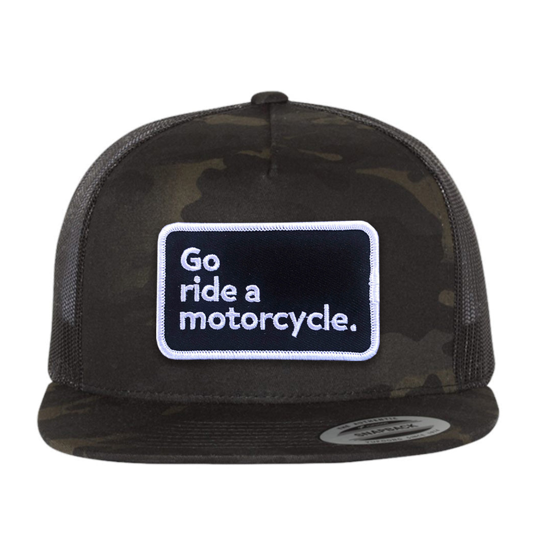 go ride a motorcycle patch on front of black camouflage trucker hat, motorcycle hats, motorcycle lifestyle, moto, mesh, trucker hats, harley davidson