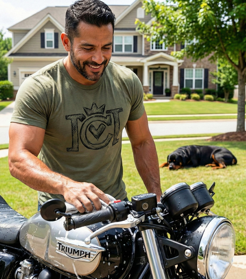 Man wearing a crown moto sketch logo t-shirt washing his motorcycle in his front yard with his dog sleeping in the background
