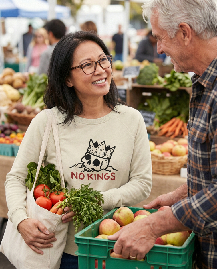 Woman at a farmers market wearing NO KINGS sweatshirt holding vegetables and a tote bag, interacting with an older man.