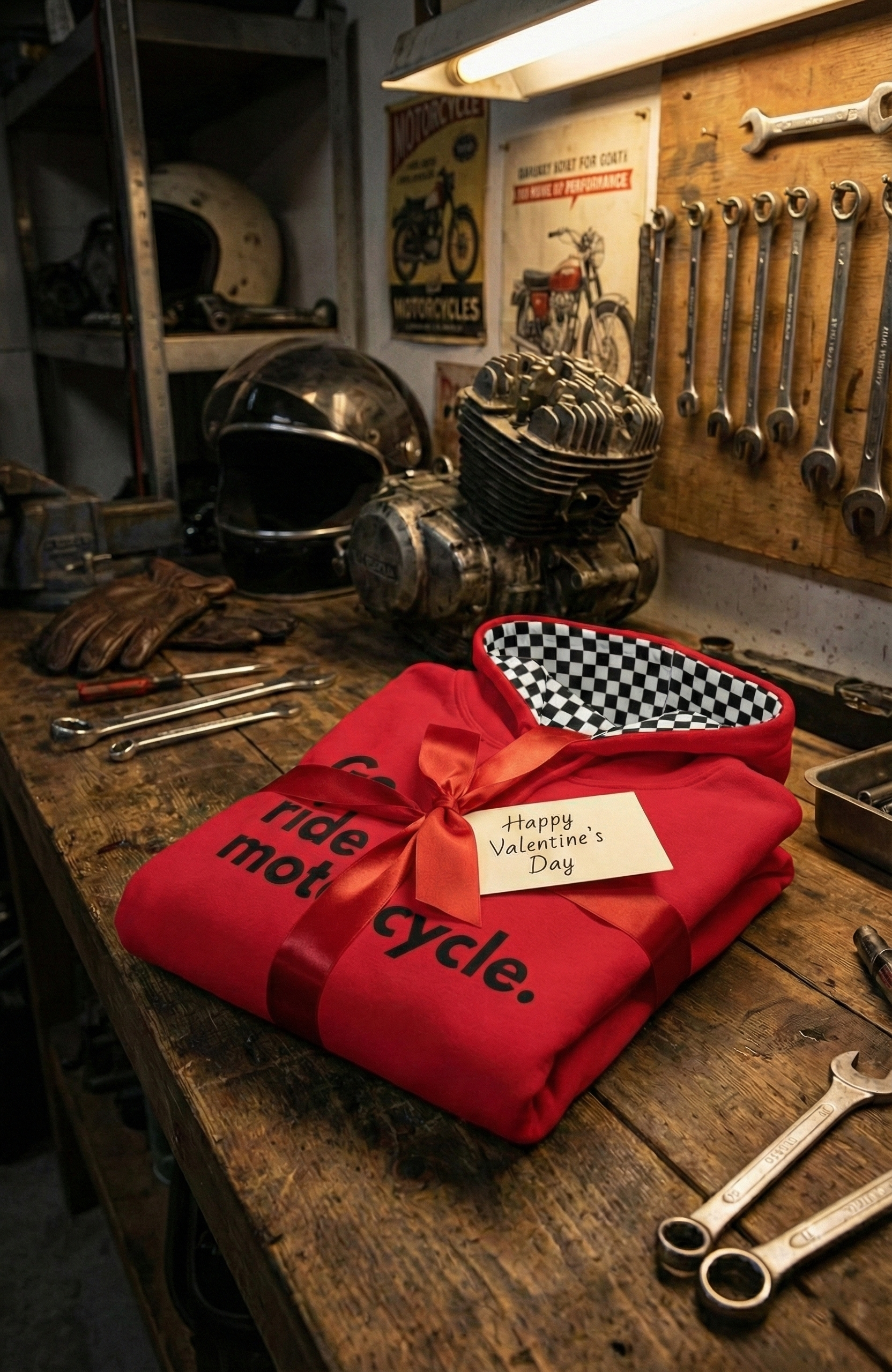 "Go ride a motorcycle" hoodie with checkered hood lining sitting on a workbench as a Valentine's Day Gift