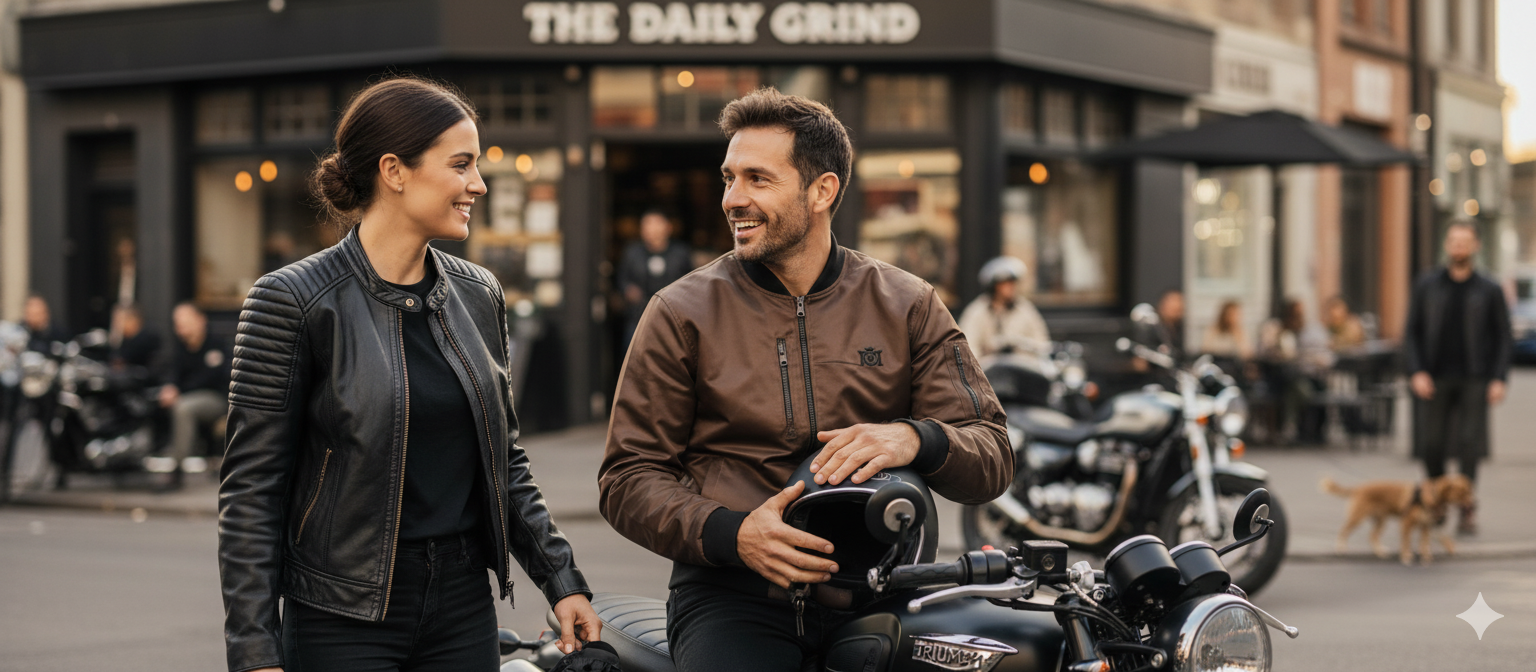 Two people on motorcycles in a city street with coffee shop in the background.