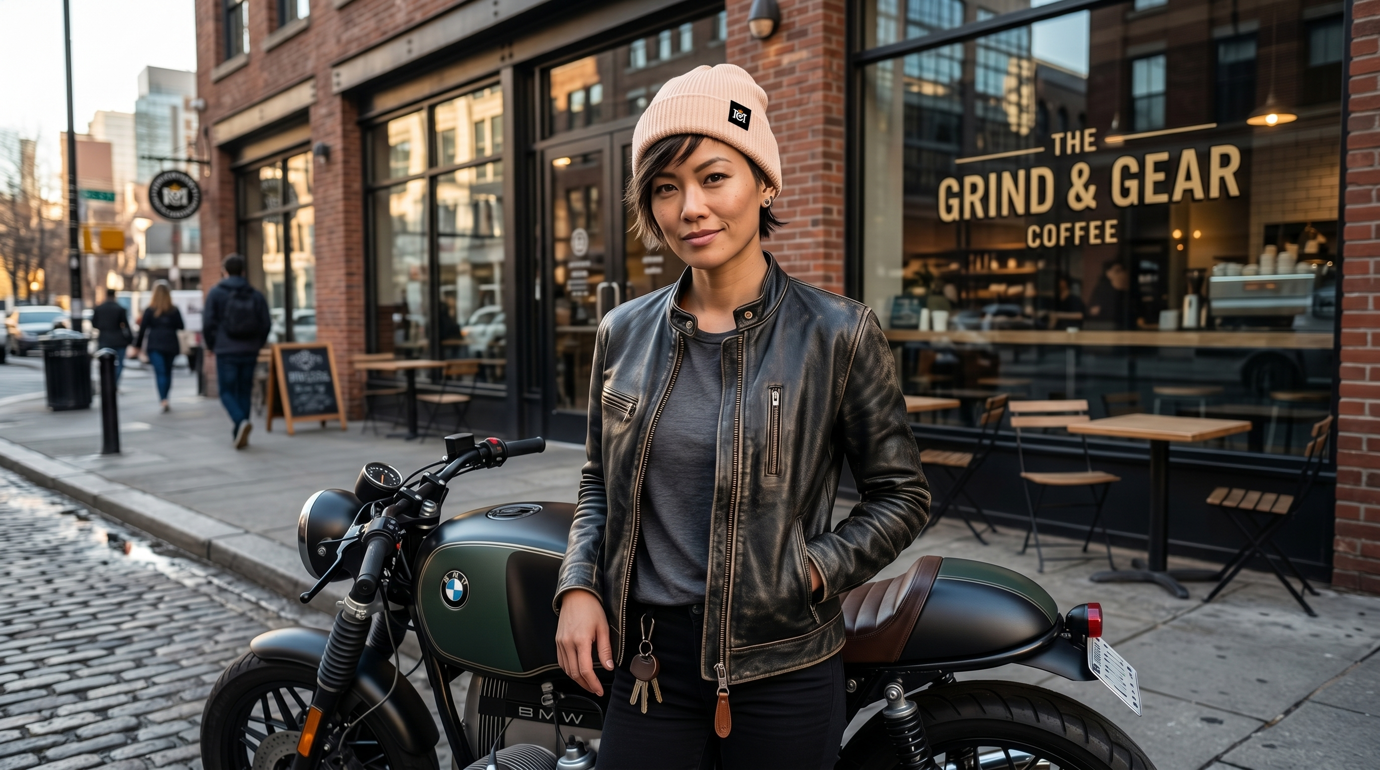 Pretty Asian woman wearing a Crown Moto logo cashmere beanie standing next to a motorcycle in front of a coffee shop