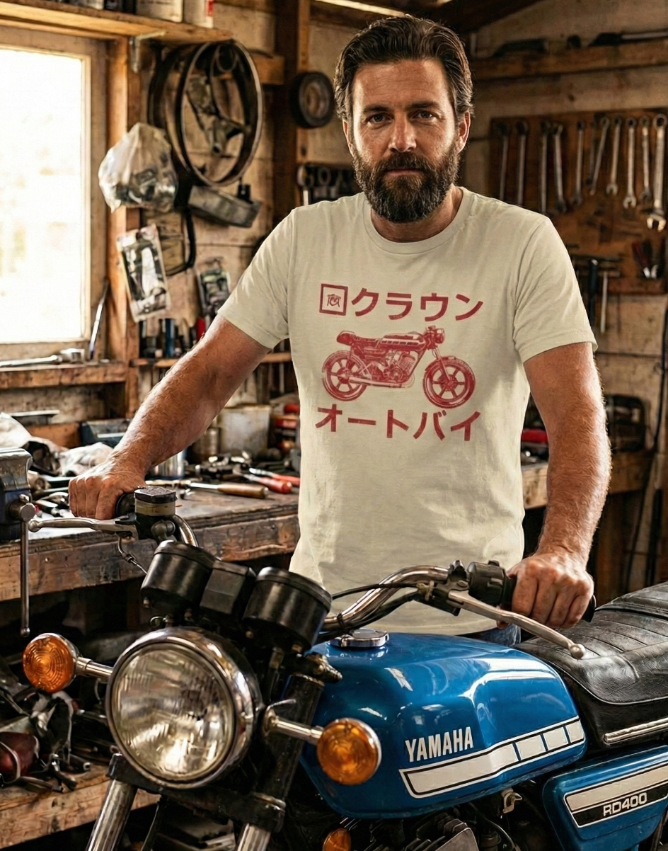 Man standing next to a blue Yamaha RD400 motorcycle in a workshop.