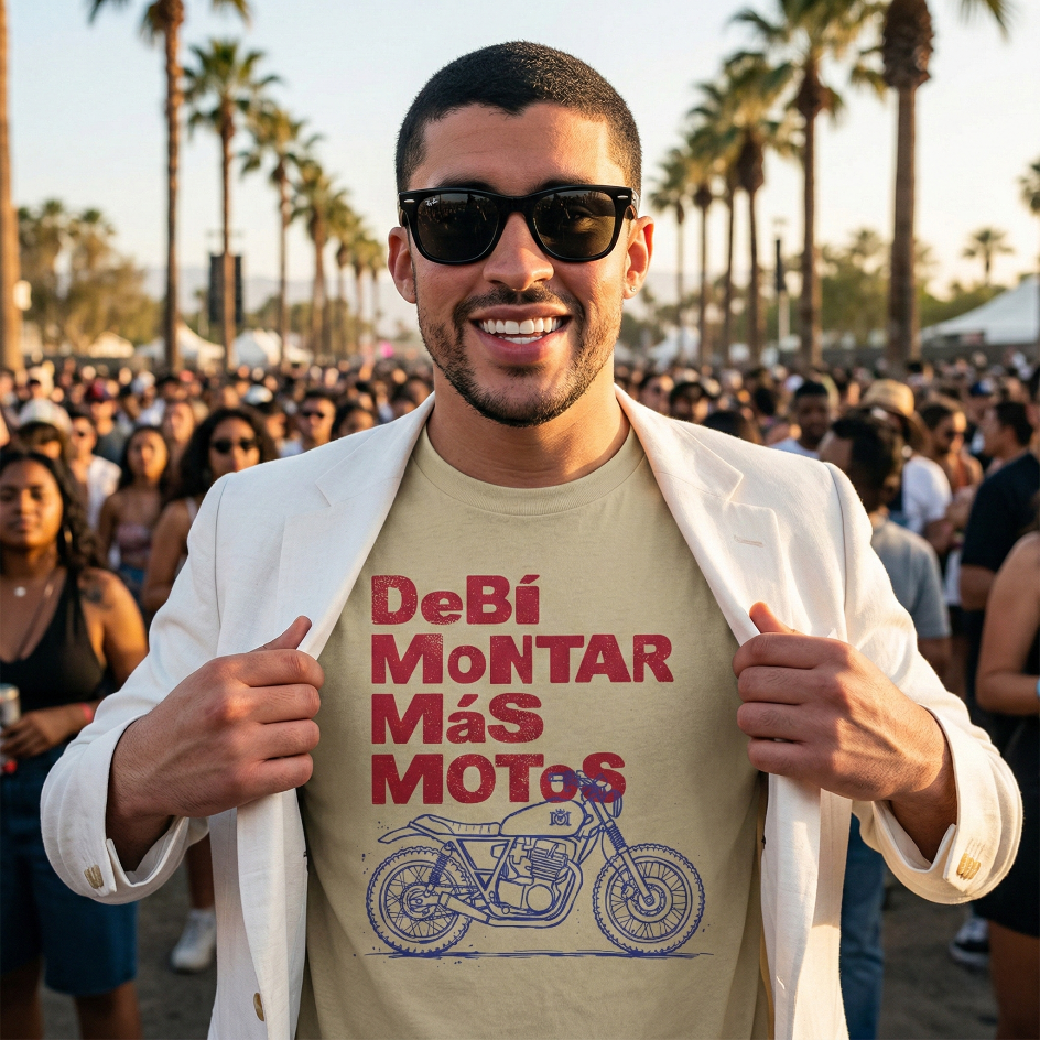 Bad Bunny wearing a beige t-shirt with red text and motorcycle graphic, standing in a crowd with palm trees in the background.