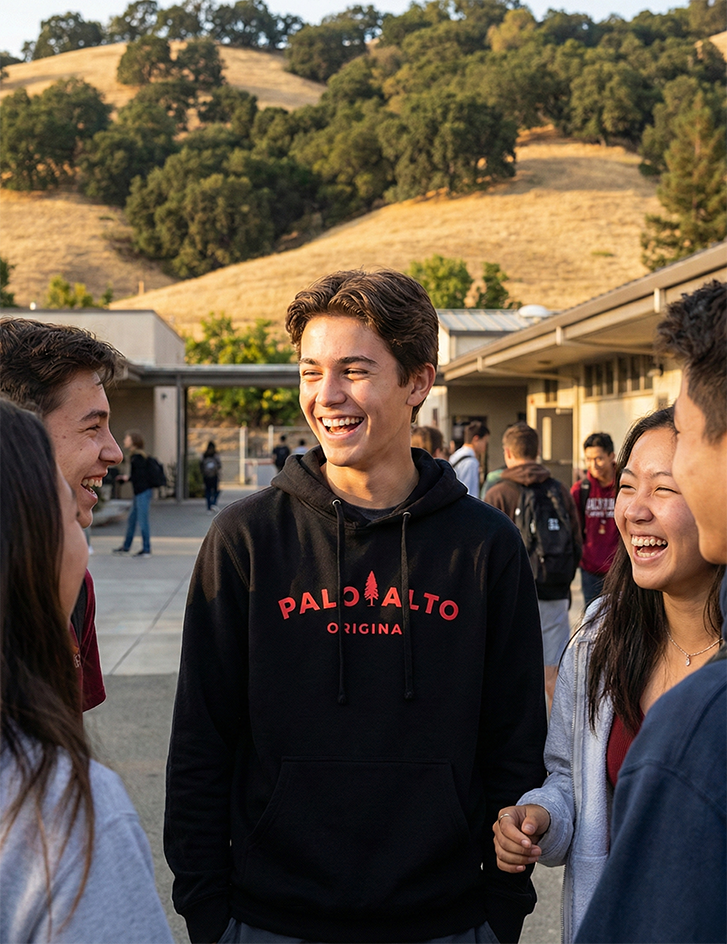 Group of young people standing outdoors with a person wearing a 'Palo Alto Original' hoodie