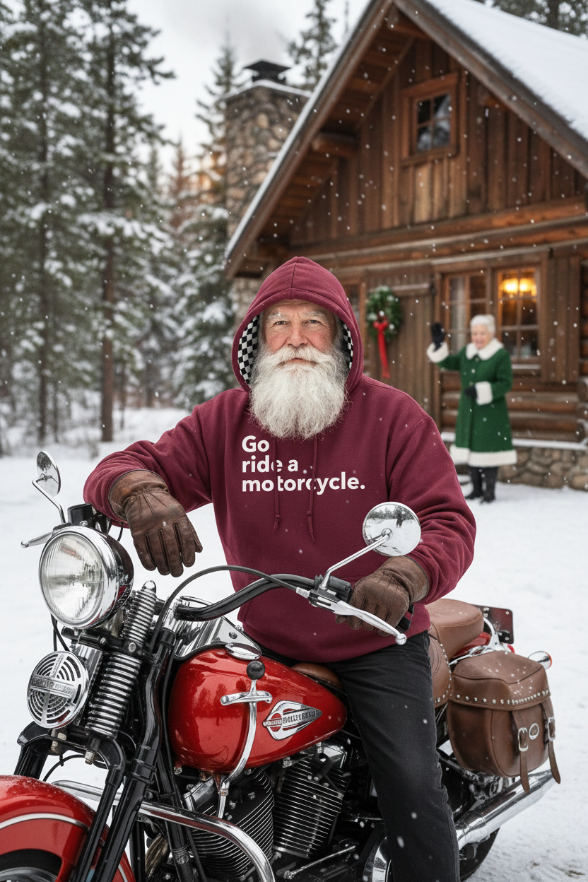 Santa Claus in a red hoodie with 'Go ride a motorcycle' text on a red motorcycle in front of a wooden cabin in the snow.