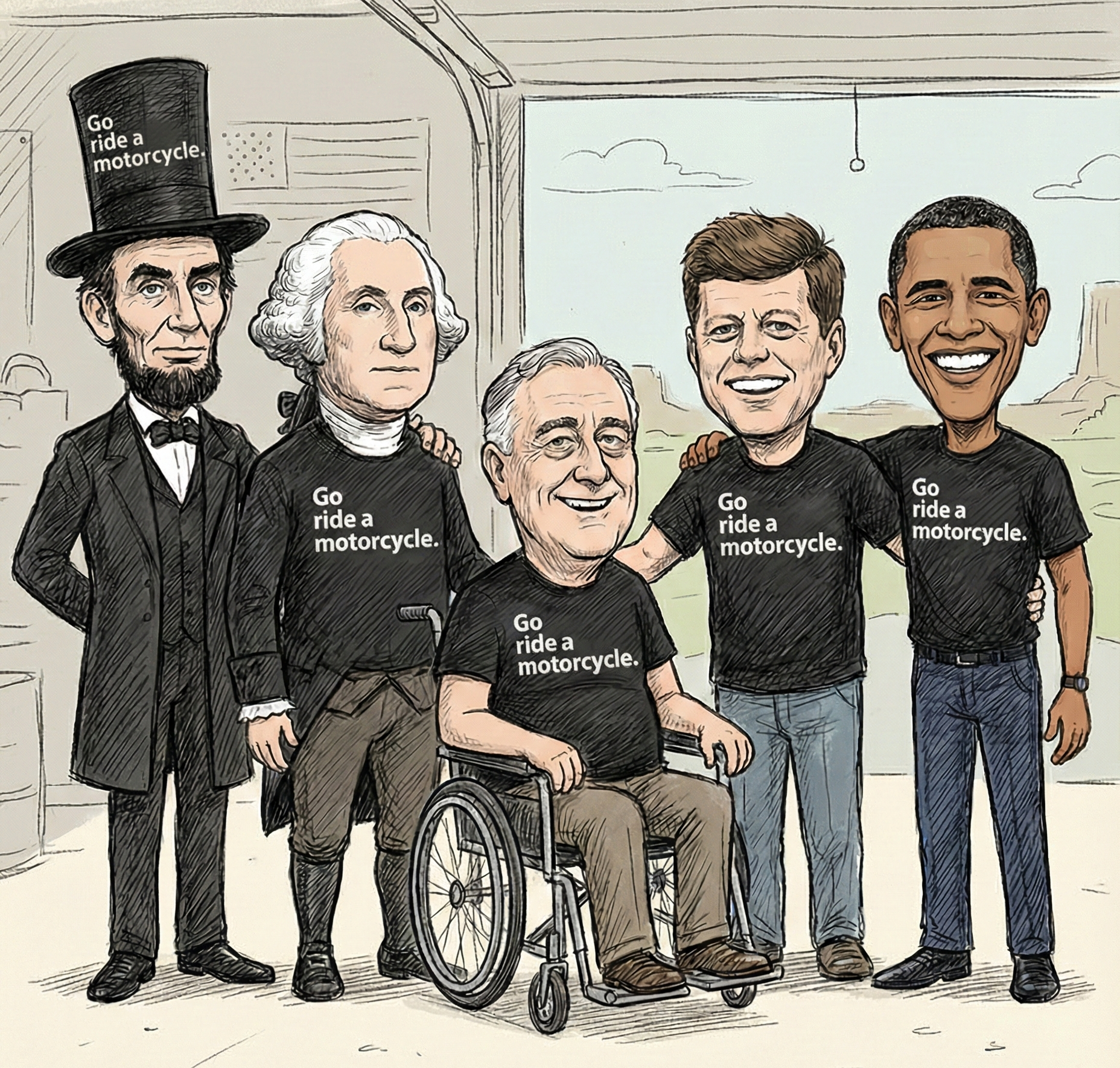 Cartoon-style illustration of historical figures and a person in a wheelchair with 'Go ride a motorcycle' shirts.