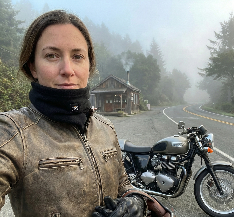 female motorcyclist wearing a crown moto fleece neck warmer on a cool morning in the woods