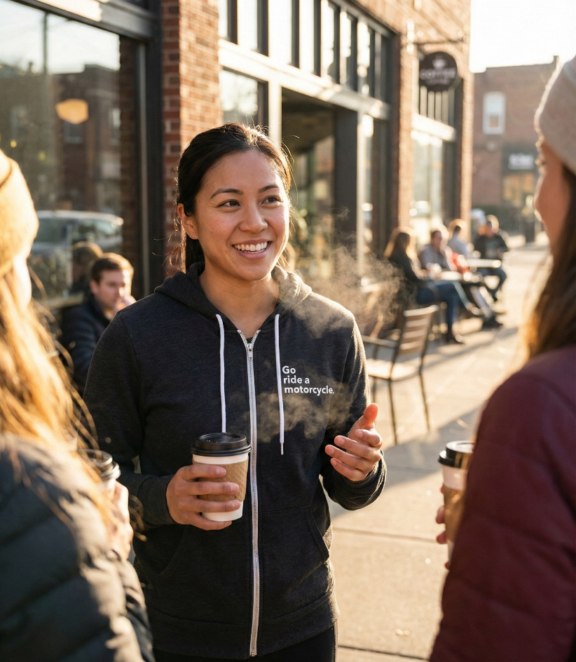 Woman in a black 'Go ride a motorcycle' embroidered hoodie holding a coffee cup, standing outdoors talking to friends