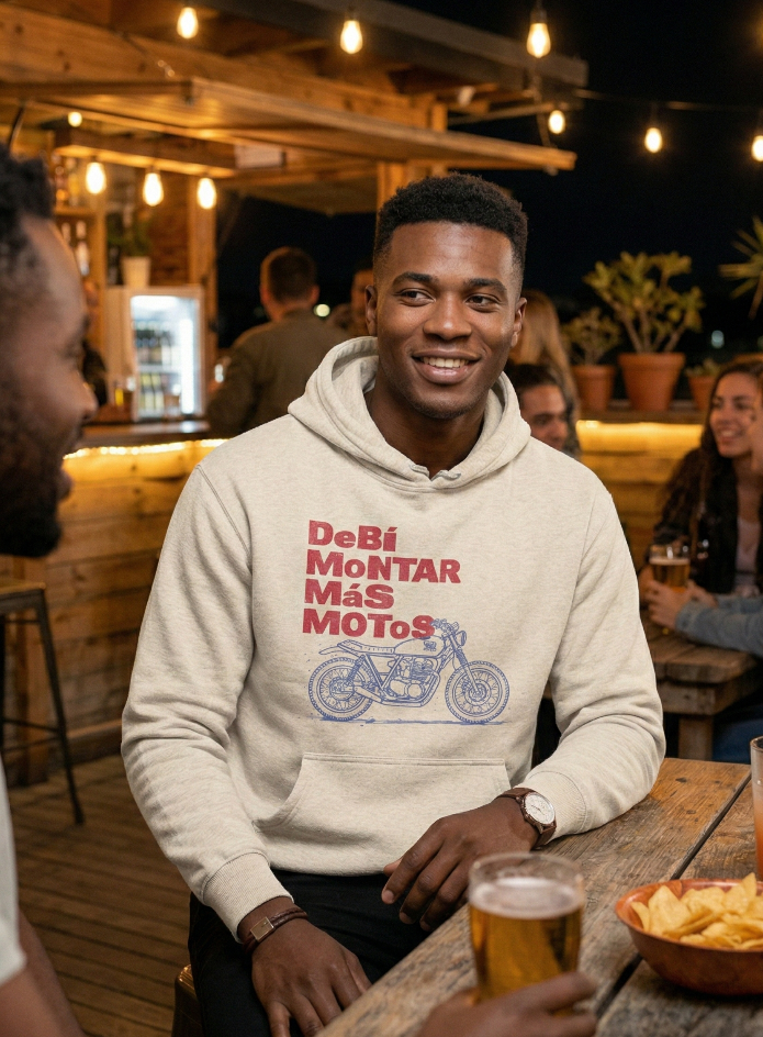 Man wearing a hoodie with text and graphics, sitting at a bar with drinks and snacks.