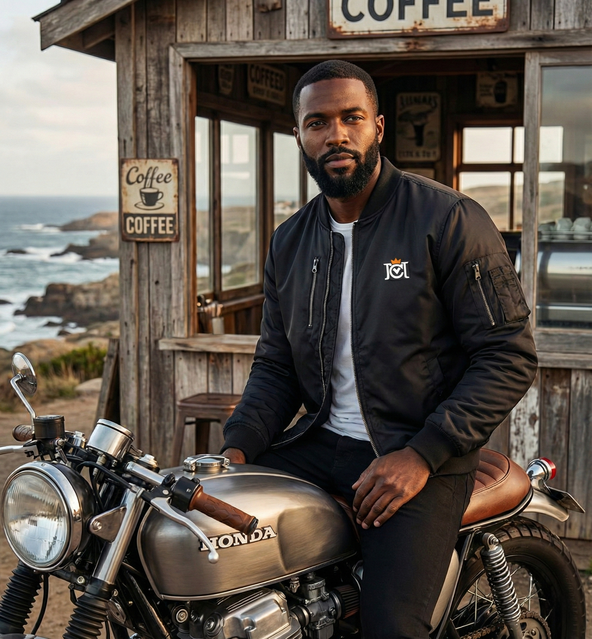 Man wearing a Crown Moto Armored Bomber jacket sitting on a cafe racer motorcycle in front of a rustic coffee shop with ocean view