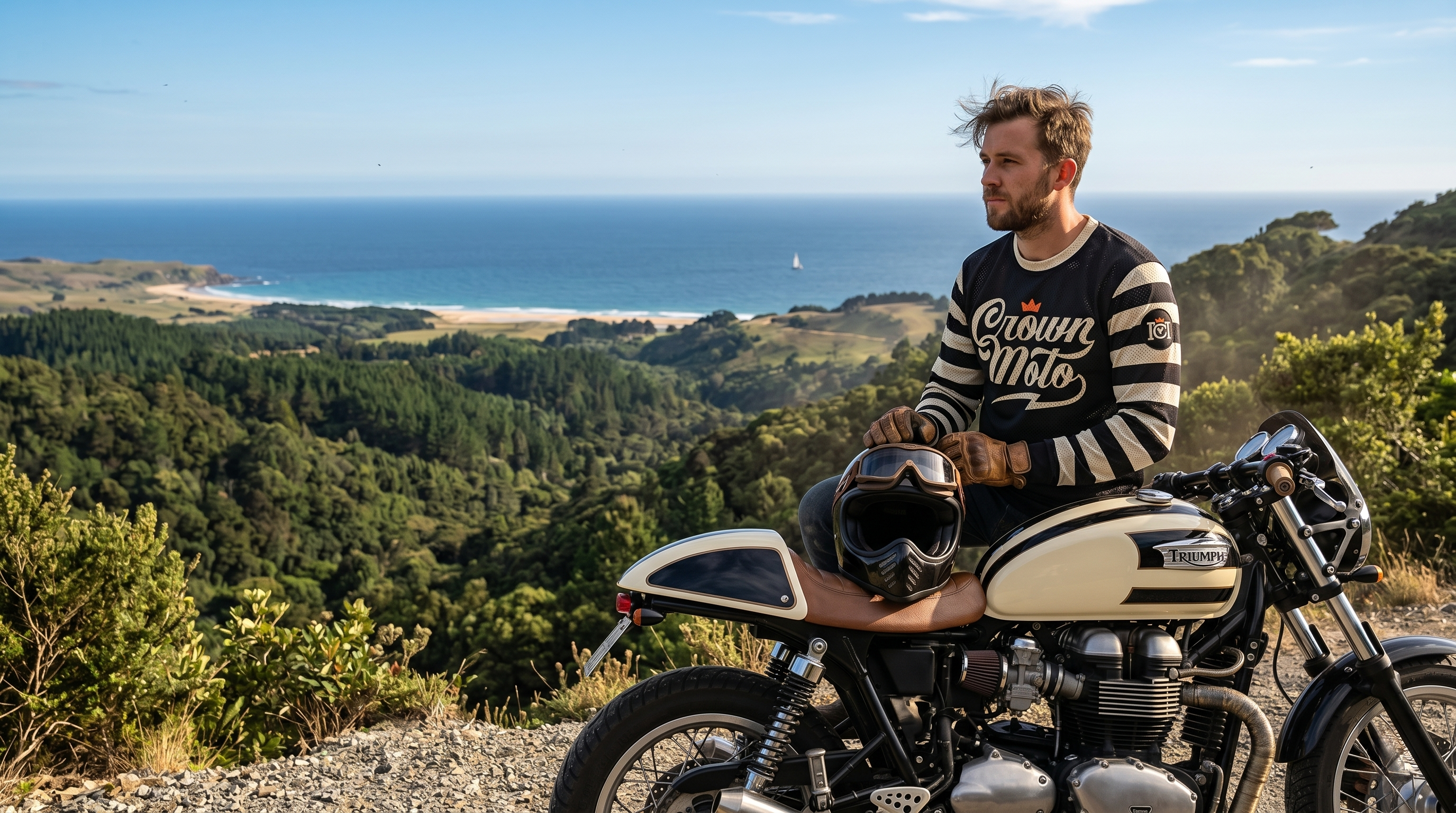 Man wearing a crown moto mx jersey standing by his motorcycle on a mountain above the coast