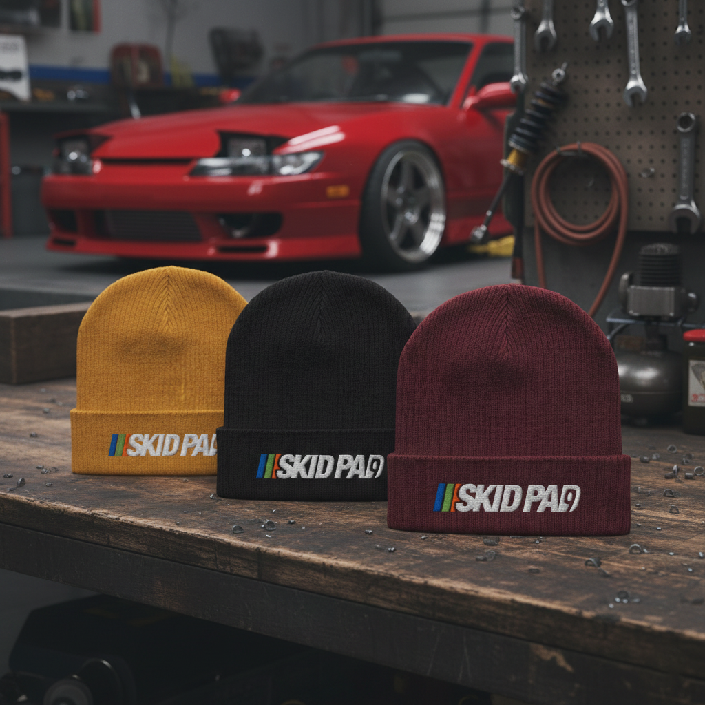 Three beanies with 'SKID PAD' logo on a workbench with a red car in the background.