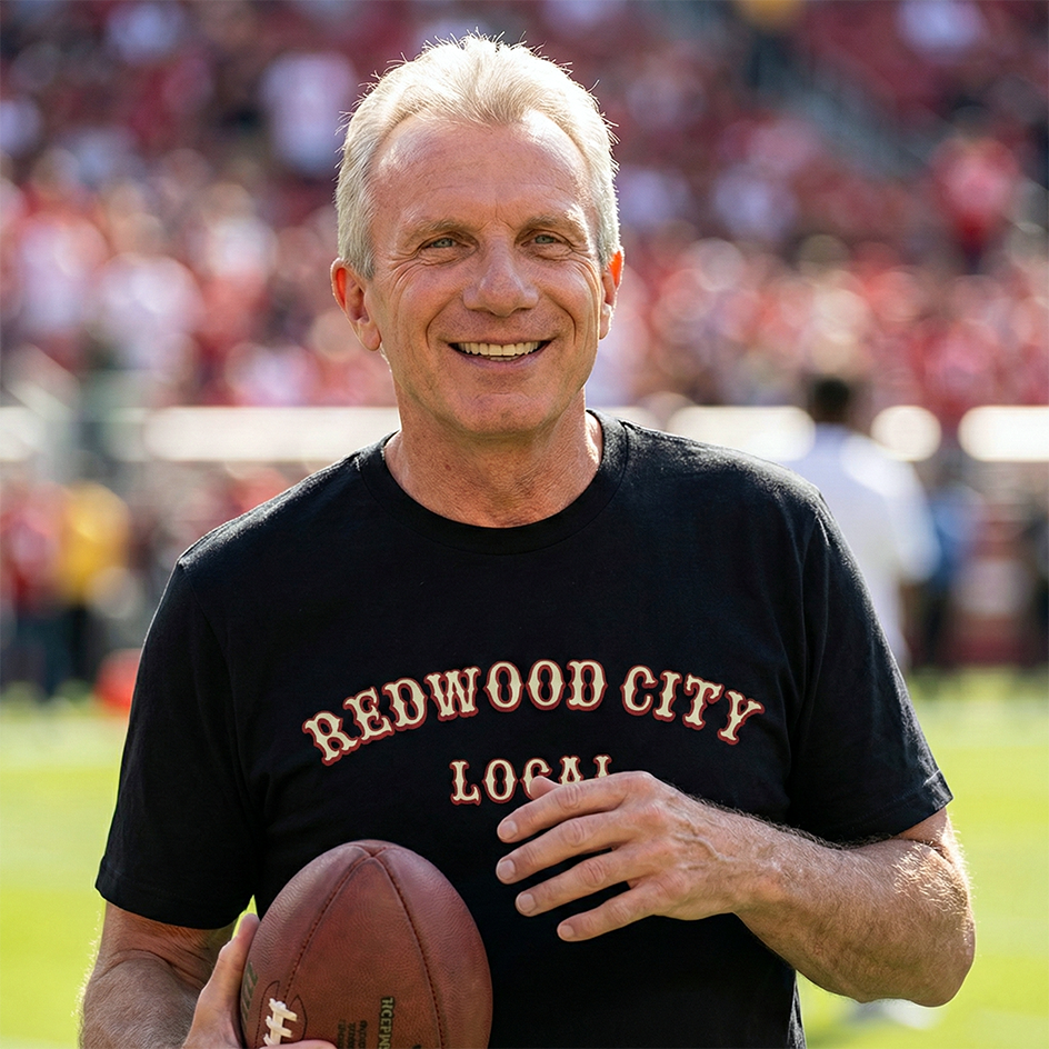Joe Montana holding a football on a sports field with 'Redwood City Local' t-shirt