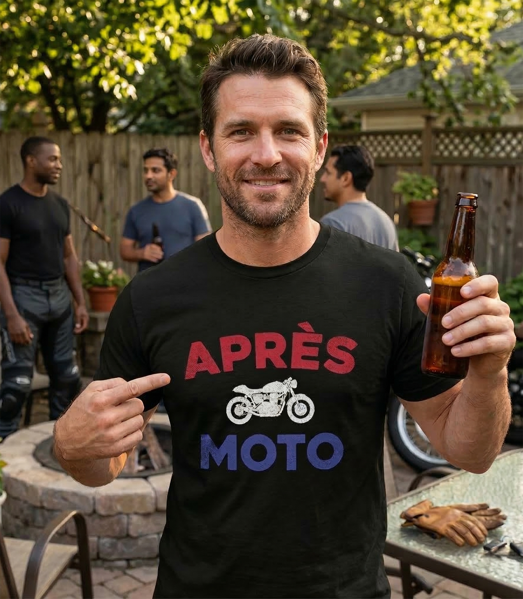 Man wearing a black t-shirt with 'APRèS MOTO' text, holding a beer outdoors.